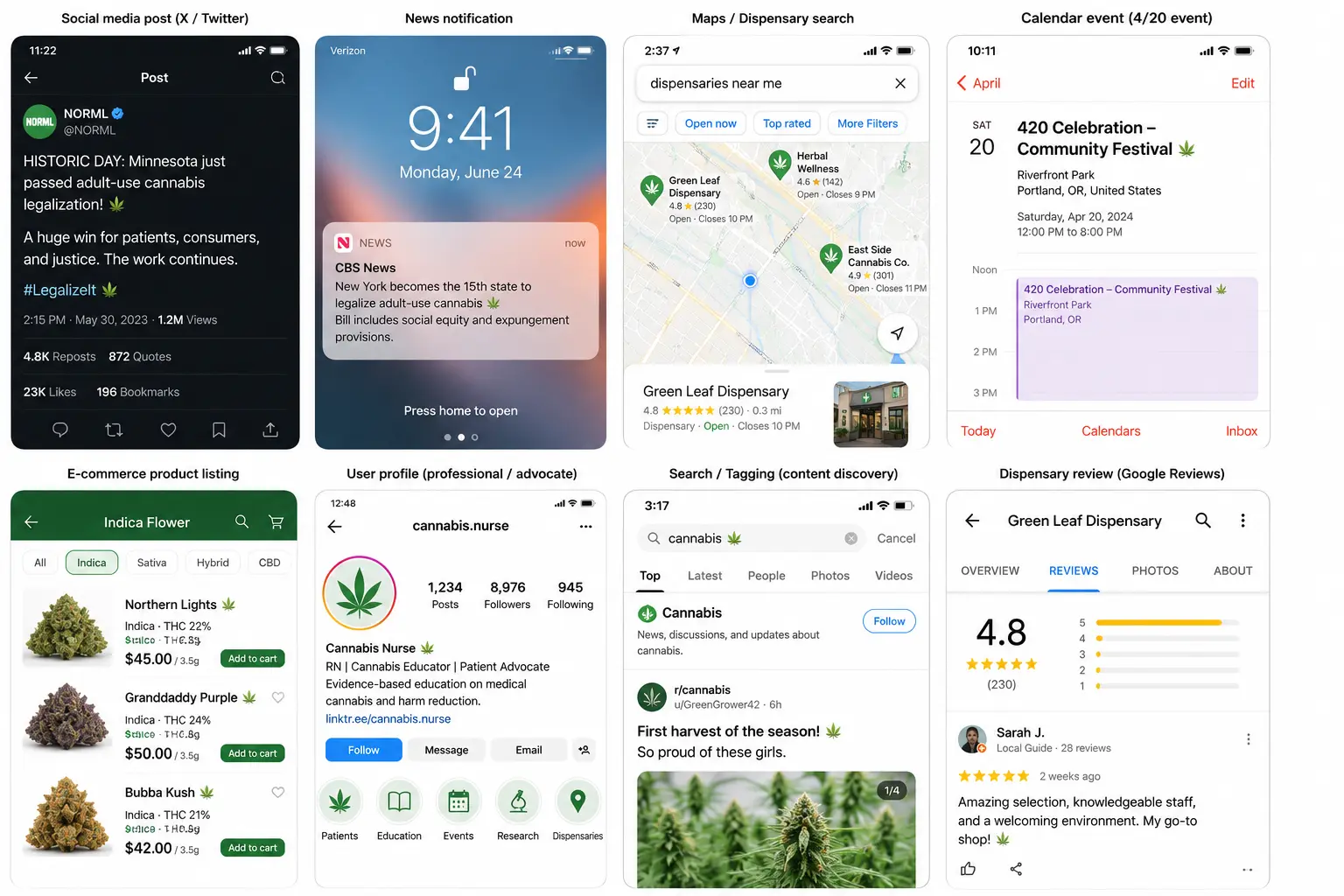 Eight phone screens showing a cannabis leaf used in a news alert, a maps search for dispensaries, a product listing, a 4/20 calendar invite and more