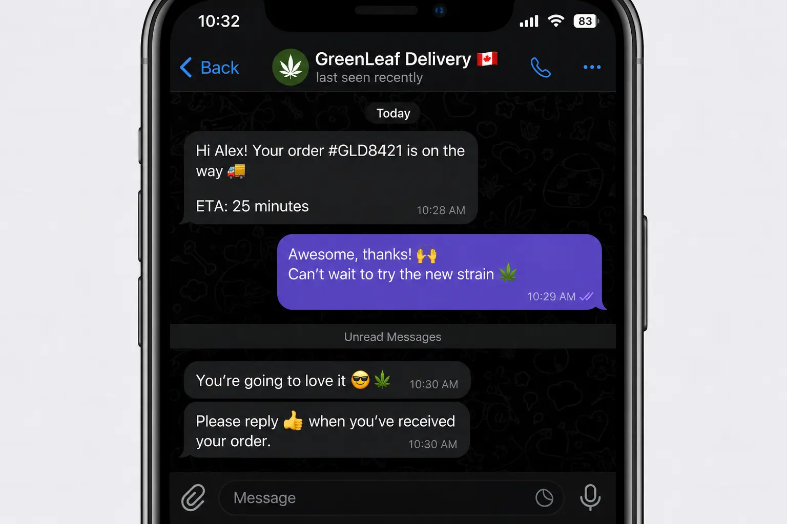 Chat thread with a cannabis delivery service sending order updates
