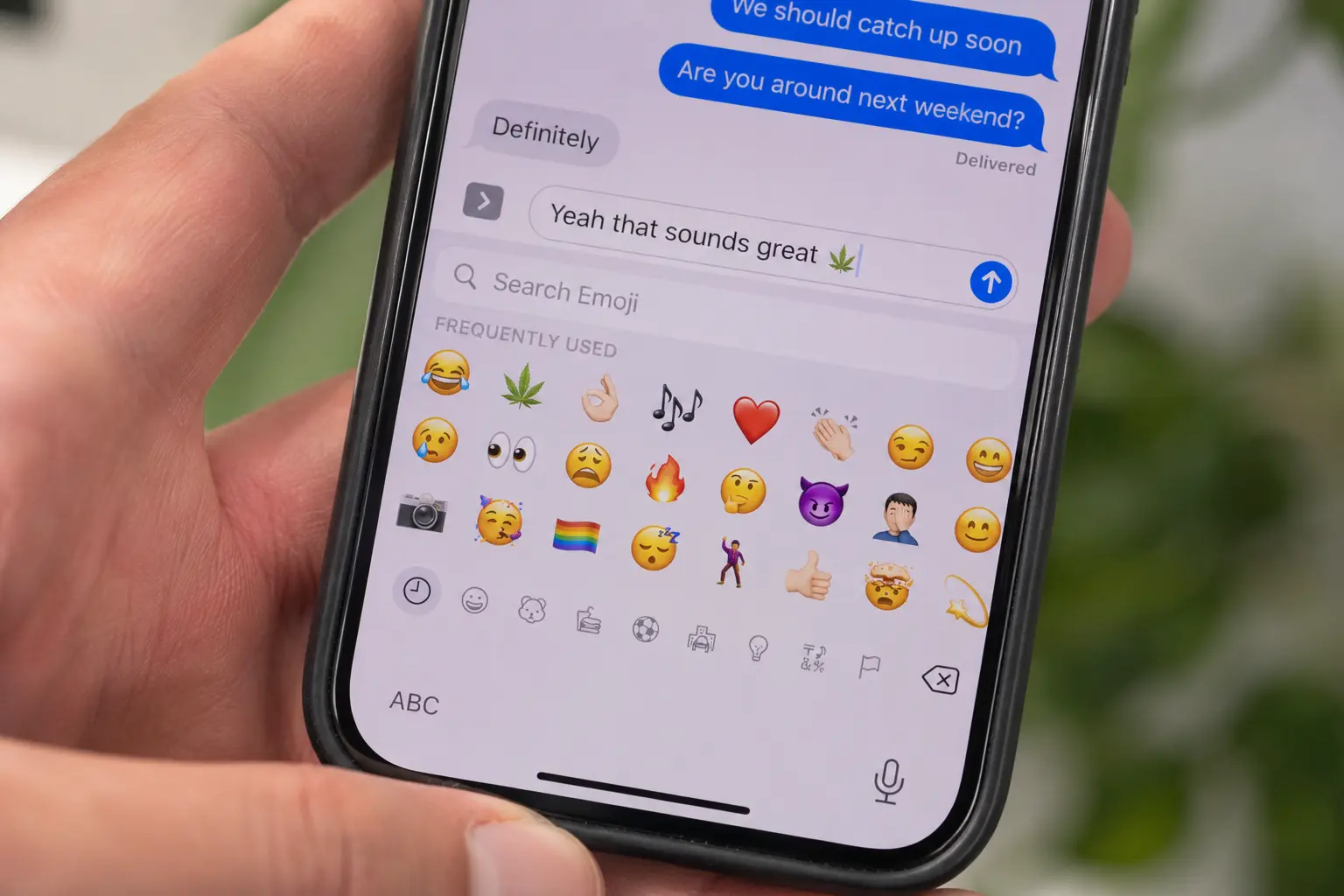 Phone emoji keyboard with a leaf in the frequently used row