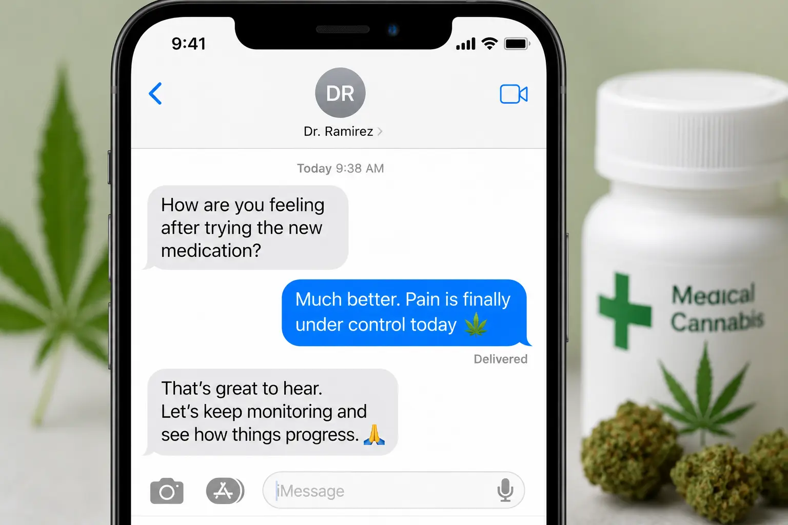 iMessage thread with a doctor next to a medical cannabis bottle