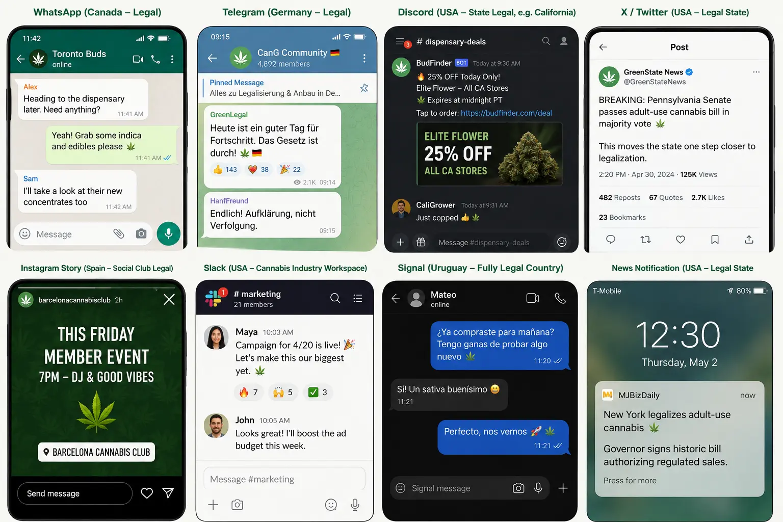 Cannabis leaf used as a stand-in across WhatsApp, Telegram, Discord, X, Instagram, Slack and Signal in several countries